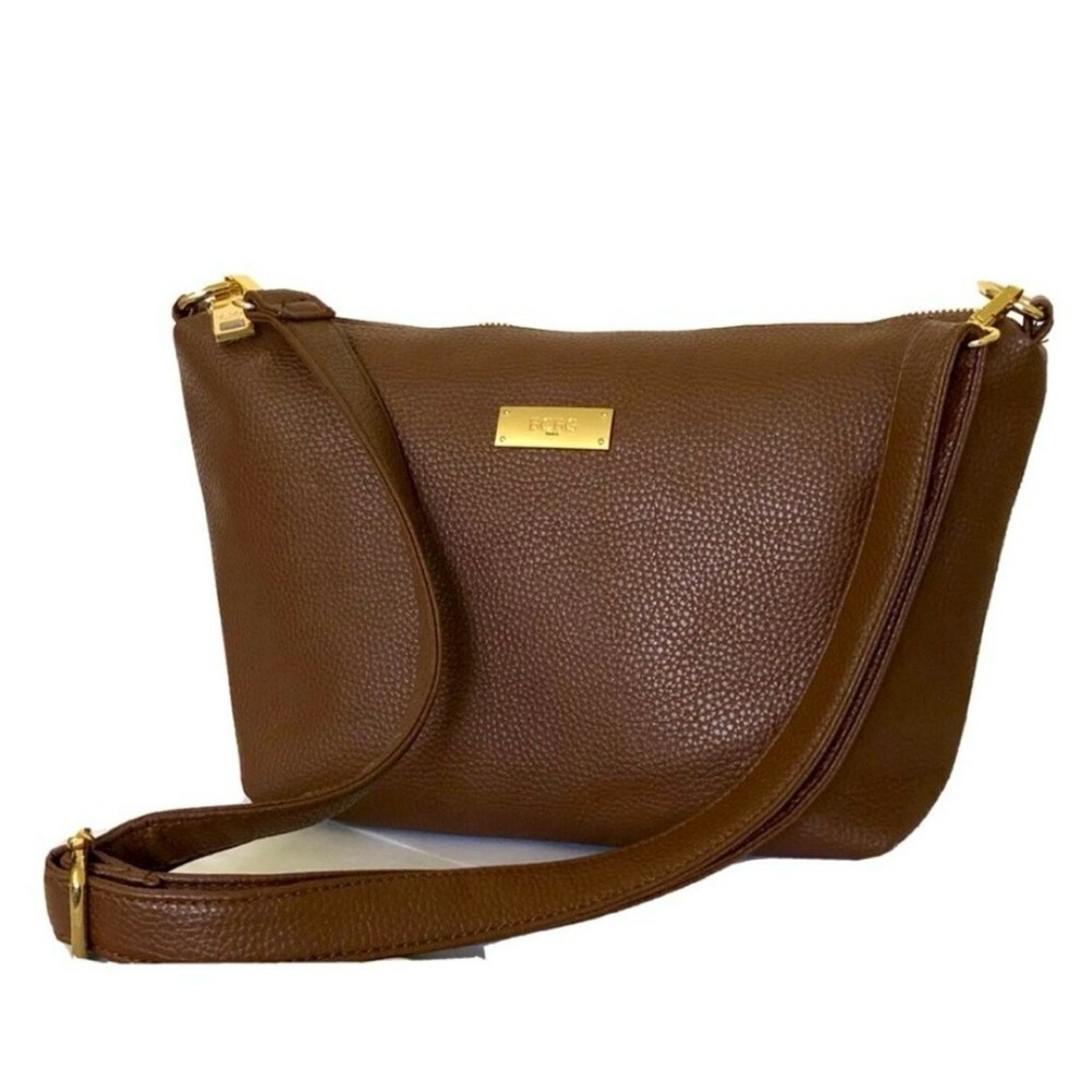 BCBG Paris‎ Pebbled Brown Polyurethane Gold Accent Top Zip Shoulder Bag